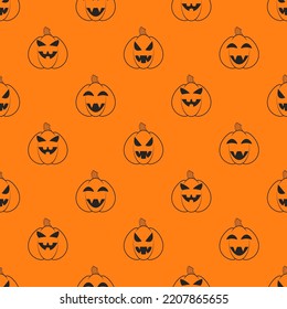 Halloween pumpkins seamless pattern. Halloween party background with pumpkins. Halloween background with pumpkin lanterns. Design for print wrapping paper, wallpaper, fabric. Vector illustration