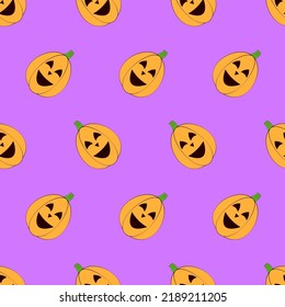 Halloween pumpkins seamless pattern. Halloween pumpkin lanterns on purple background. Halloween background. Jack-o'-lantern. Design for print wrapping paper, fabric, wallpaper. Vector illustration