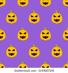 Halloween pumpkins seamless pattern. Halloween pumpkin lanterns on purple background. Halloween background. Jack-o'-lantern. Design for print wrapping paper, fabric, wallpaper. Vector illustration