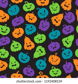 Halloween pumpkins seamless pattern. Scary jack o lantern face silhouettes. Happy halloween vector endless backdrop. Illustration of halloween pattern seamless colored