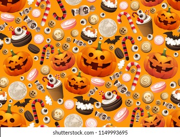 Halloween Pumpkins Seamless Pattern, treat or trick, Vector illustration.