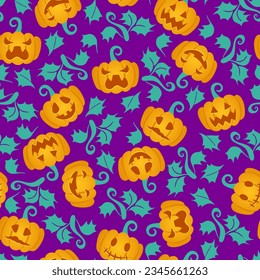 Halloween pumpkins seamless pattern. Vector Happy Halloween print with smiling spooky carving faces pumpkins on neon violet background. For wrapping, fabric, holiday decoration, textile