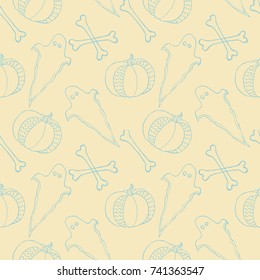 Halloween pumpkins seamless pattern. Vector print with ghosts and bones. 31 october background. Good for fabrics, paper, wrapping, wallpaper, posters, banners, books, menu, restuarant, shop design.