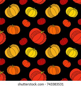 Halloween pumpkins seamless pattern. Vector autumn vegetables print. 31 october background. Good for fabrics, paper, wrapping, wallpaper, posters, banners, books, menu, restuarant, shop design.