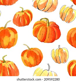 Halloween pumpkins seamless pattern. Watercolor. 