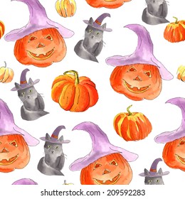 Halloween pumpkins seamless pattern. Watercolor. 