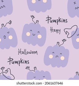 Halloween pumpkins seamless pattern with witch hats and text. Perfect for T-shirt, textile and prints. Hand drawn vector illustration for decor and design.

