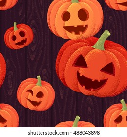 Halloween pumpkins seamless pattern with wooden texture. Retro vector background