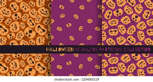 Halloween pumpkins seamless patterns collection. Ornament with pumpkins with different emotions and in various combinations. Wrapping paper, textile print. Three vector illustration