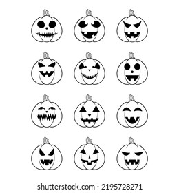 Halloween pumpkins set. Black silhouette halloween pumpkin isolated on white background. Halloween pumpkin lanterns. Jack-o'-lantern. Template for banner, poster, party invitation. Vector illustration