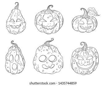 Halloween pumpkins set. Black and white hand drawn illustration. Ink stile pumpkins jack icons. Jack o Lantern collection, line art pumpkin isolated.  Pumpkins faces  Halloween template.
