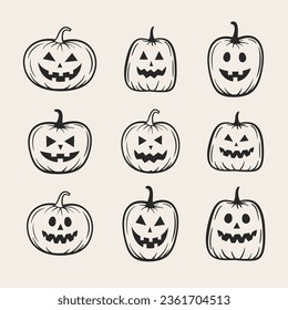 Halloween pumpkins set, black and white. 