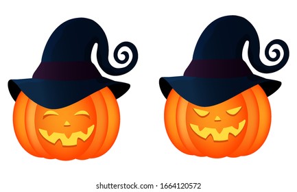 Halloween-Kürbisse setzen sich in einen blauen Hut mit einem gruseligen und lächelnden Gesicht. Vektorillustration auf weißem, isoliertem Hintergrund