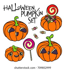 Halloween pumpkins. Set. Candies. Isolated vector objects on white background.