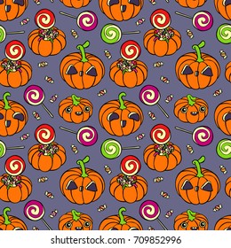 Halloween pumpkins. Set. Candies. Seamless vector pattern (background).