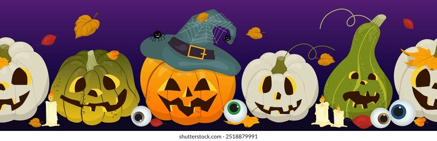 Conjunto de calabazas de Halloween. Colección de diferentes tipos de calabazas talladas con caras de miedo. Ilustración vectorial colorida raya de halloween