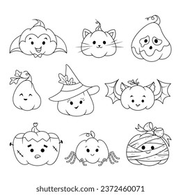 Halloween pumpkins set coloring page cartoon vector illustration