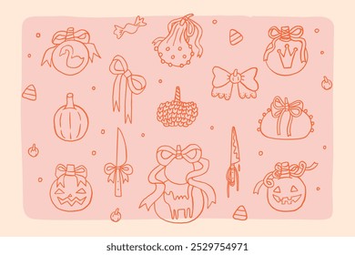 Halloween pumpkins set in coquette style. Autumn cozy pumpkin patch line art whimsical illustration collection. Fall stickers isolated on pink background. Vector hand drawn clip art