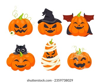 Halloween pumpkins set. Decor elements for creepy holiday and festival. Jack o lanterns in hats. Stickers for social networks. Cartoon flat vector collection isolated on white background