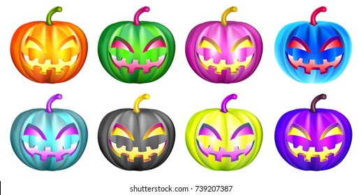 Halloween pumpkins set in different color in vector isolated on white background
