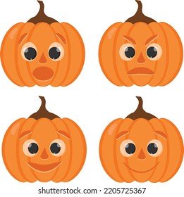 Halloween pumpkins set with different emotions. Happy, cute, surprised, angry pumpkins
