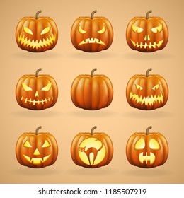 Halloween pumpkins set with different faces. Realistic detailed illustration