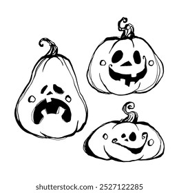 Conjunto de calabazas de Halloween, dibujo de garabatos, estilo de boceto, línea negra sobre un fondo blanco