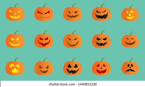 Halloween pumpkins set flat paper cut style illustration vector isolated on background