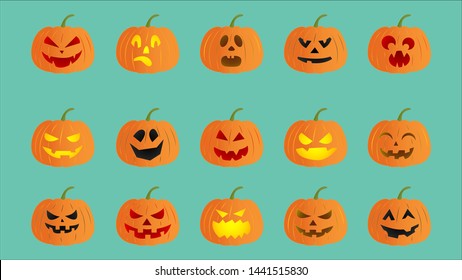 Halloween pumpkins set flat paper cut style illustration vector isolated on background