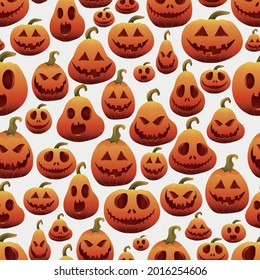 Calabazas de Halloween puestas, caras graciosas. Patrón de calabaza. Expresión facial Jack-o-lantern. Ilustración vectorial para las vacaciones de otoño.