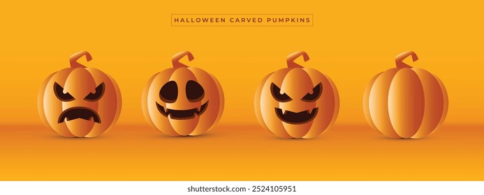 Conjunto de calabazas de Halloween, caras divertidas y expresiones. Juego de calabazas talladas de miedo Ilustración vectorial