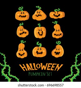 Halloween pumpkins set. Funny pumpkins with green spiny branches. Perfect for holiday posters, banners, T-shirts, etc.