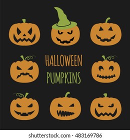 Halloween pumpkins set. Graphic template. Flat icons. Vector illustration