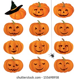  Halloween pumpkins Set with hat and spider. Vector illustration collection isolated on white background. 