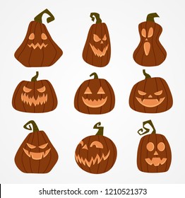 Halloween pumpkins set isolated on white background. Vector illustration.