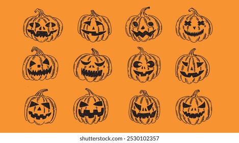 Halloween pumpkins set on orange background. Hand drawn illustration.	