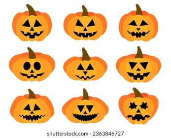 Halloween pumpkins set on white background. Halloween carved pumpkin face. Happy Halloween October 31st, trick or treat. Jack-o-lantern. Design for print, posters and banners. Vector illustration