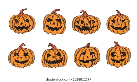 Abóboras de Halloween definidas sobre fundo branco. Ilustração desenhada à mão.
