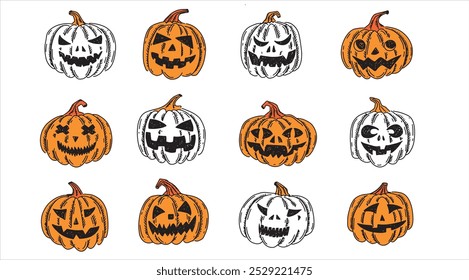 Halloween pumpkins set on white background. Hand drawn illustration.	