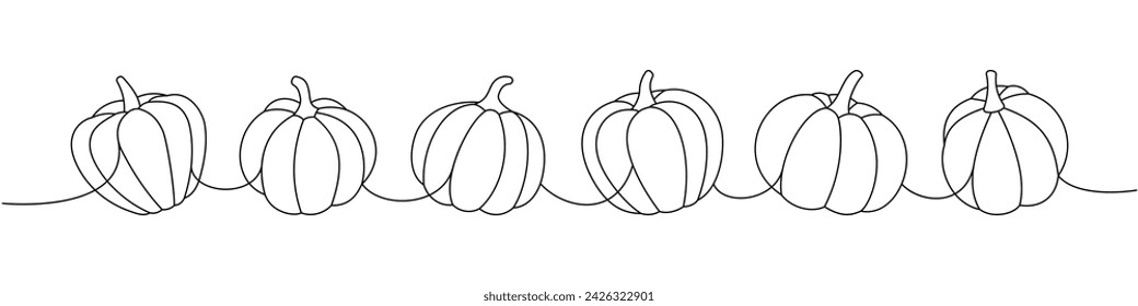 Halloween-Kürbisse. Satz von Kürbissen eine Linie durchgehende Zeichnung. Herbst Halloween Gemüse kontinuierliche eine Zeile Illustration.