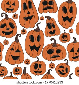 Halloween pumpkins set. Orange pumpkin with emotions. Vector illustration for a mystical holiday. Halloween symbol. Smile, anger, sadness. Pumpkin pattern.