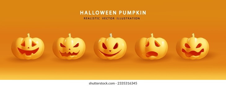 Halloween pumpkins set realistic. Glossy pumpkins with different emotions for holiday isolated on orange background