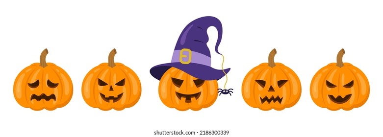 Halloween pumpkins set with scary faces and witch hat. The main symbol of the Halloween holiday. Flat style vector illustration isolated on white background.