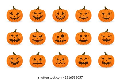 Halloween pumpkins set. Scary faces and ghosts for Halloween. Scary and creepy Halloween pumpkin faces and emojis. Vector