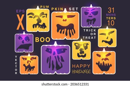 Halloween pumpkins set. Stylized minimalistic design. Simple and funny characters Jack-o'-lantern. Vector template 