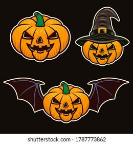 Halloween pumpkins set of vector colored objects or design elements in cartoon bright style on dark background