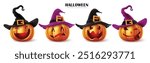 Halloween pumpkins set vector design. Halloween pumpkin lantern funny faces with witch black and purple hat isolated in white background for holiday spooky trick or treat collection . Vector 