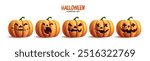 Halloween pumpkins set vector design. Halloween orange pumpkin with funny faces for holiday season spooky trick or treat collection isolated in white background. Vector illustration seasonal scary 