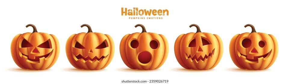 Halloween pumpkins set vector design. Pumpkins orange collection in funny, scary and creepy facial expression for halloween decoration elements. Vector illustration pumpkins lantern collection.