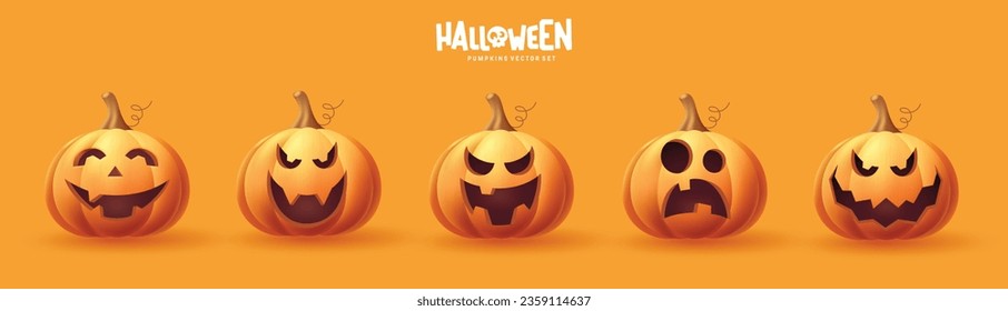 Halloween pumpkins set vector design. Halloween pumpkin orange elements collection in scary and creepy facial expression. Vector illustration pumpkins cute collection.
